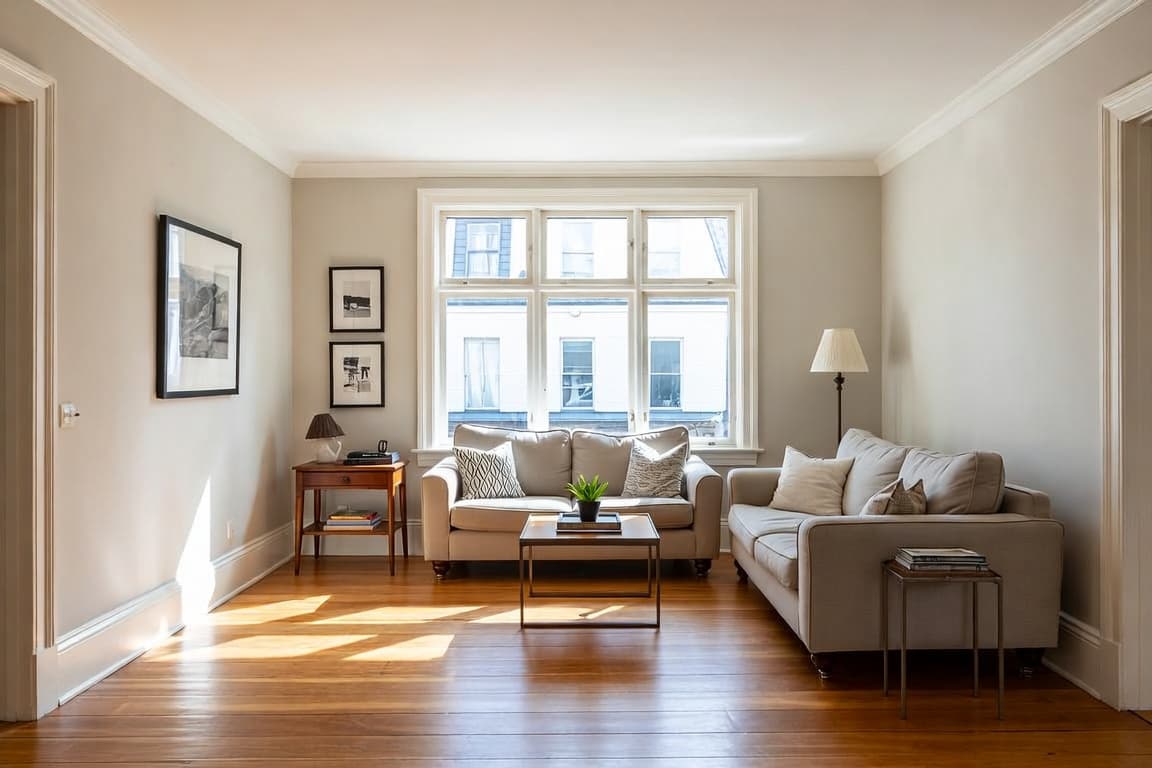 Sala remodelada com pavimento em madeira e paleta neutra
