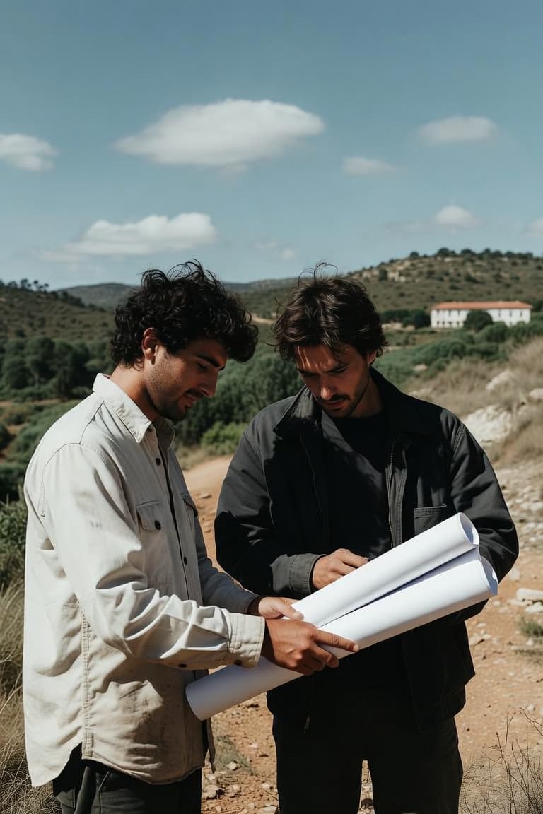 Dois profissionais a rever plantas de obra no terreno